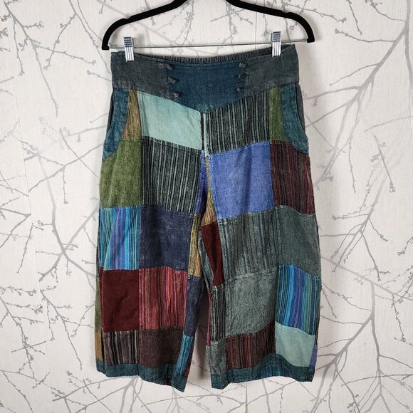 Ark Imports Nepal Colorful Patchwork High Rise Wide Leg Crop Pants - Picture 1 of 7